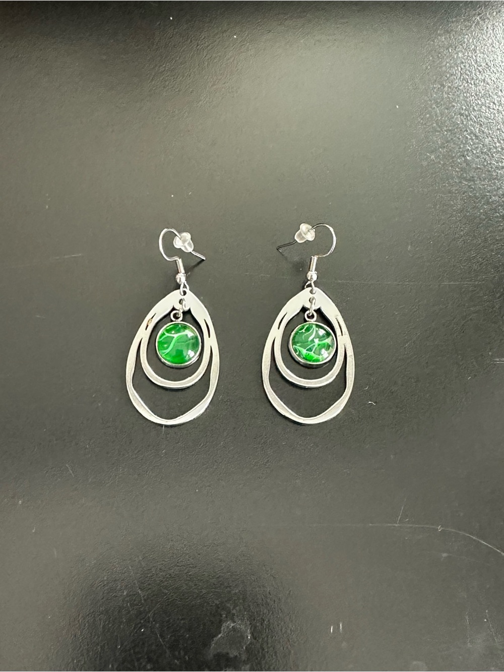 Green Glass Drop Earrings with Silver Teardrop Frames
